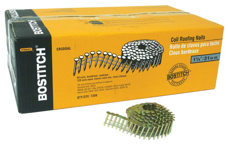 Bostitch® CR2DGAL Galvanized 15° Coil Roofing Nails, 1" Smooth Shank, 7200-Pack