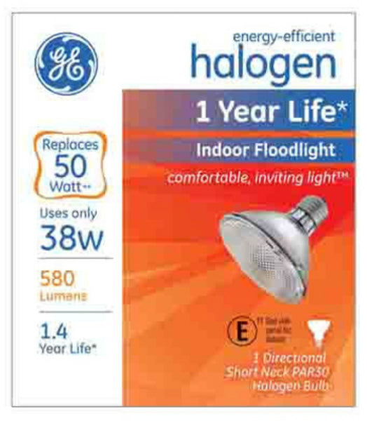 GE 69166 Energy-Efficient Short-Neck PAR30 Halogen Floodlight Bulb, 38W