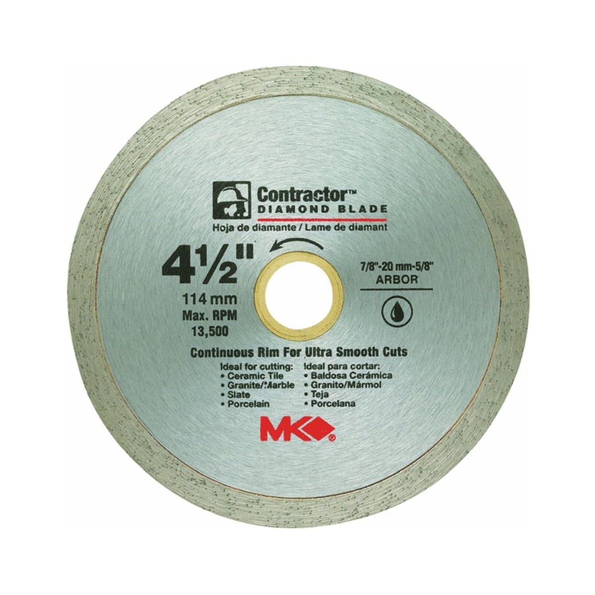 MK Diamond® 167028 Contractor™ Continuous Rim Diamond Blade, 4-1/2"