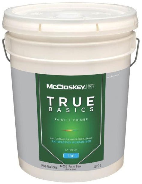 McCloskey 14551 True Basics Exterior Latex Flat Paint, 5 Gallon, Pastel Base