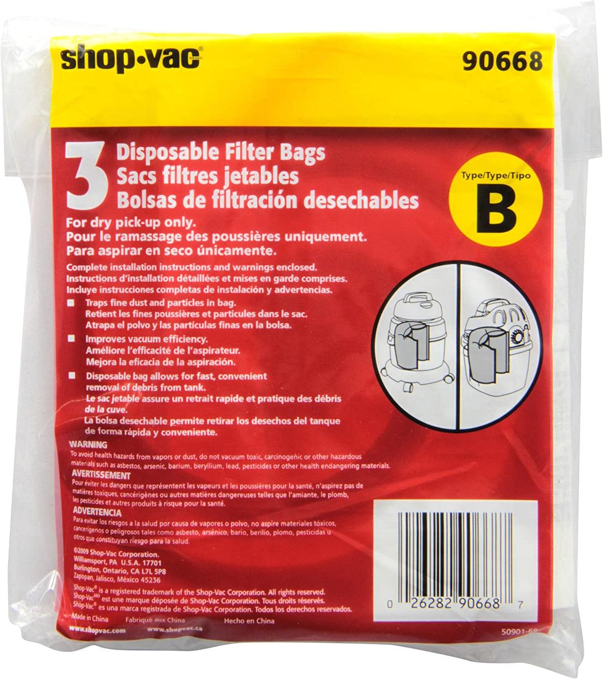 Shop-Vac 90668-00 Disposable Collection Filter Bag, Type B, 2 - 2.5 Gallon, 3-Count