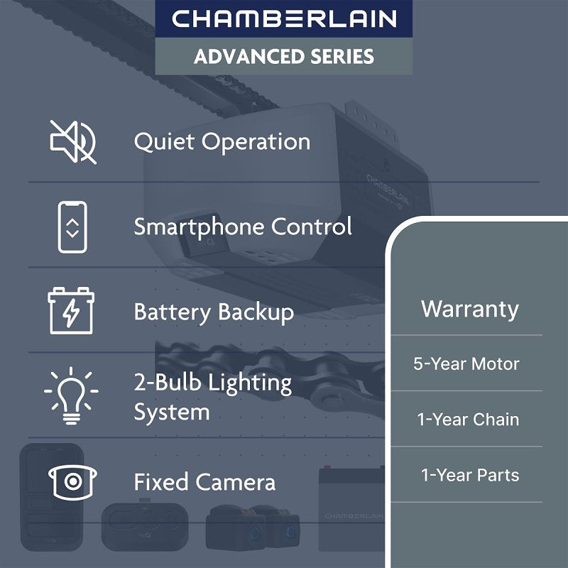 Chamberlain C2405 Garage Door Opener, Chain Drive, OS: myQ and Security+ 2.0