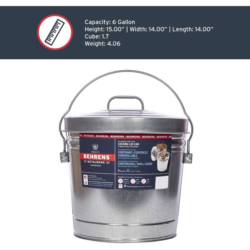 Behrens 6106 Galvanized Steel Locking Lid Can/Pail, 6 Gallon