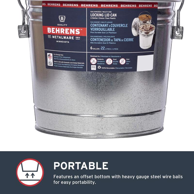 Behrens 6106 Galvanized Steel Locking Lid Can/Pail, 6 Gallon