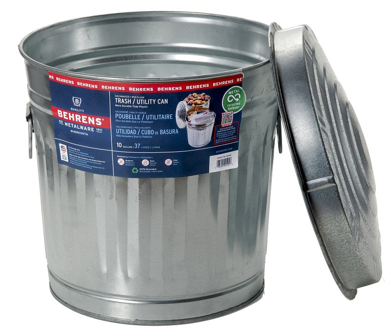 Behrens 6210 Utility Steel Trash Can With Lid, 10 Gallons