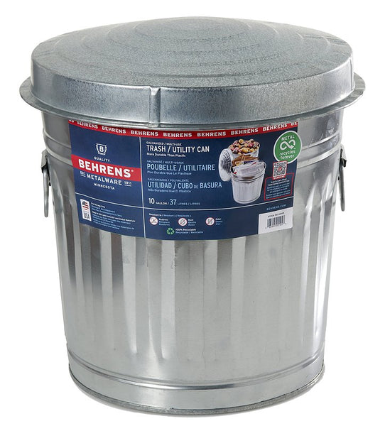 Behrens 6210 Utility Steel Trash Can With Lid, 10 Gallons