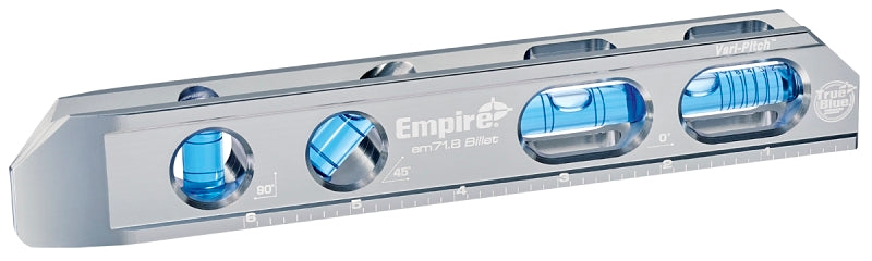 Empire True Blue Series EM85.8 Magnetic Billet Torpedo Level, 8 in L, 4-Vial, Magnetic, Aluminum, Silver