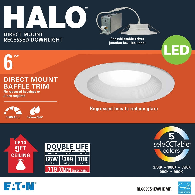 Halo RL6-DM Series RL6069S1EWHDMR Retrofit Module, 9 W, 120 V, LED Lamp, White, Matte