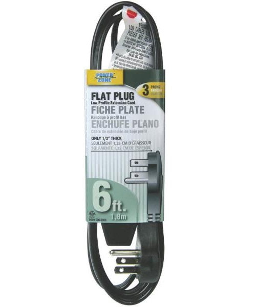 PowerZone OR932606 Flat Extension Cord, Black, 6Ft