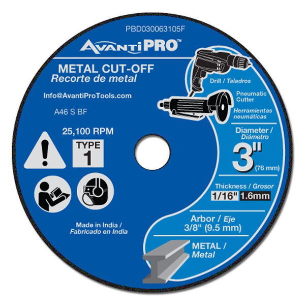AvantiPro PBD030063105F Metal Cut-Off Disc, 3" x 1/16" x 3/8"