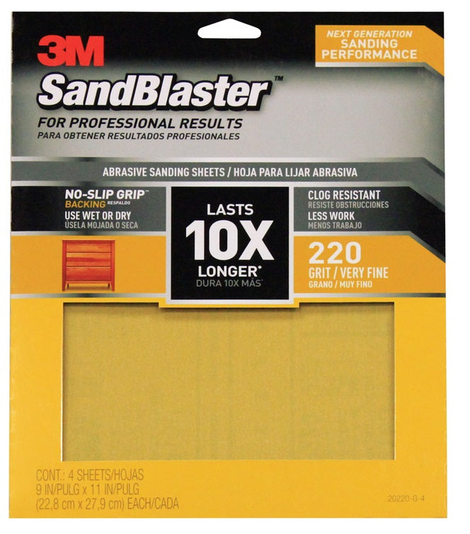 3M 20220-G-4 SandBlaster Sandpaper with No Slip Grip Backing, 220 Grit, 11" x 9"