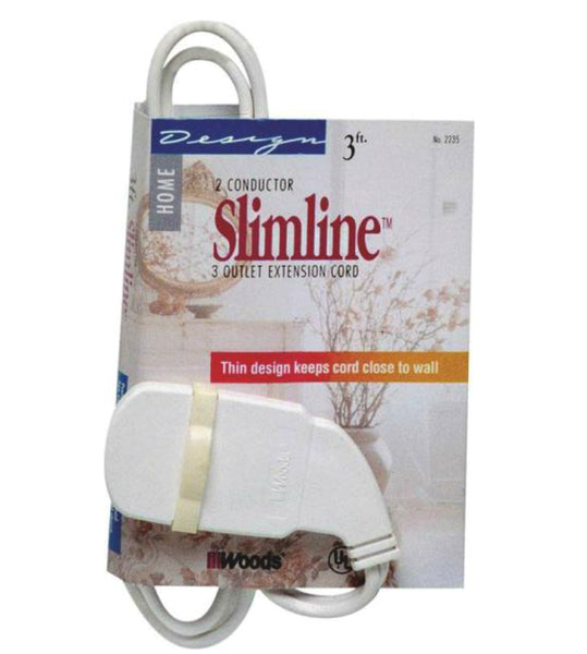 Slimline 2235 Slim Flat Plug Extension Cord, White, 3&#039;, 2-Wire