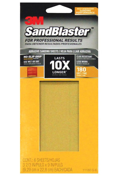 3M 11180-G-6 SandBlaster Sandpaper w/No Slip Grip Backing, 180 Grit, 9" X 3-2/3"