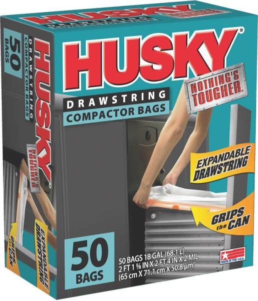 Husky HK18XDS050W Drawstring Compactor Trash Bags, White, 18-Gallon, 50-Count