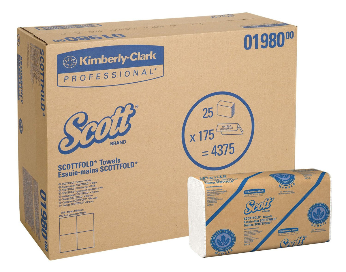 Scott® 01980 ScottFold M-Fold Paper Towels, White, 9.4"x12.4", 175 x 25 Count