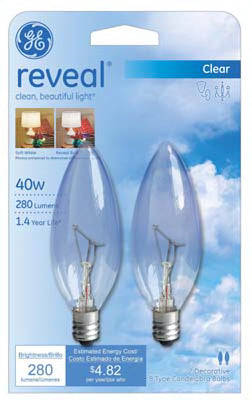 GE Lighting 48701 Reveal® B10 Blunt Tip with Candelabra Base Lamp, Clear, 40W, 2-Pack
