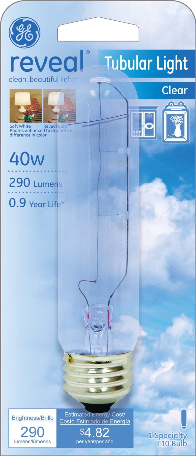 GE Lighting 48707 Reveal® T10 Tubular Light Bulb, Clear, 40W