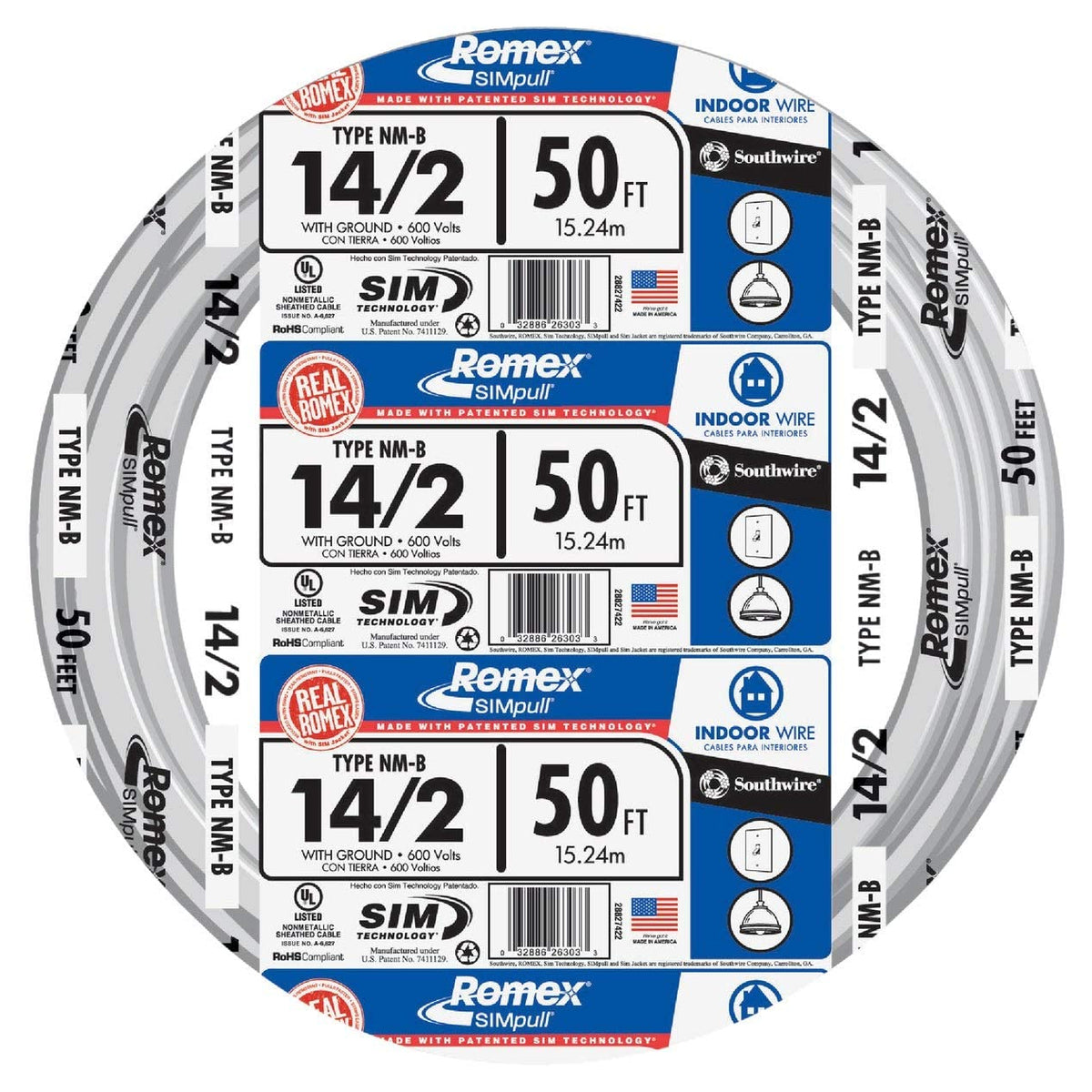 Southwire 28827422 Romex SIMpull Non-Metallic Sheathed Cable, NM-B, 600V, 50'