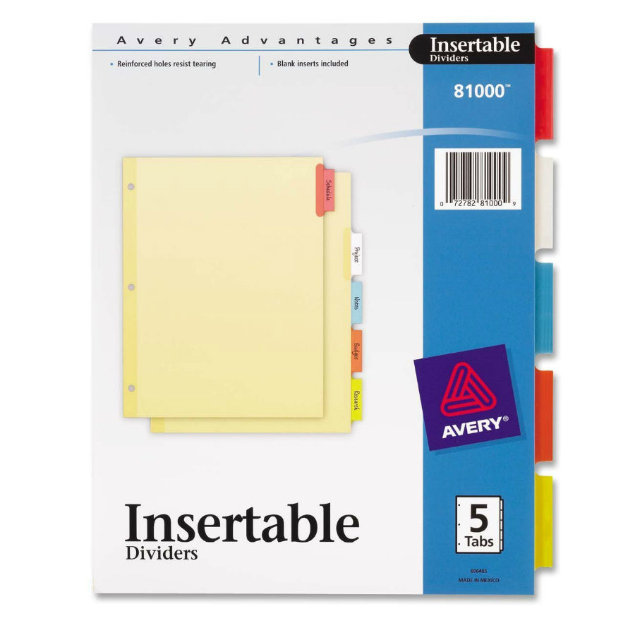 Avery 81000 Heavy Duty 5 Colored Tab Insertable Divider, 8-1/2" x 11"