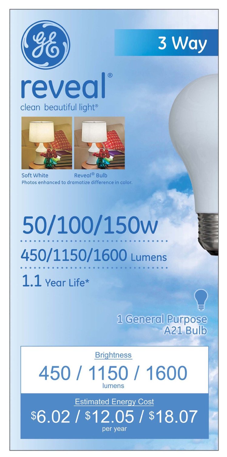 GE Lighting 97785 Reveal® Incandescent A21 3-Way Bulb, Soft White, 50/100/150W