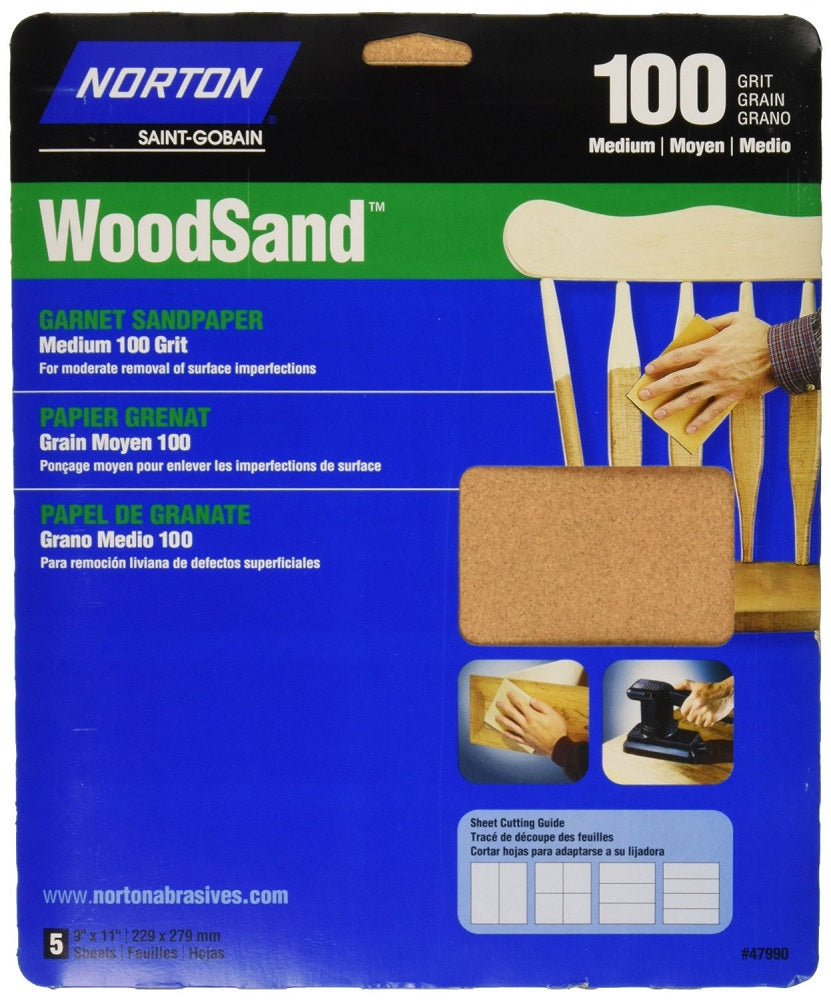 Norton® 07660747990 Garnet Wood Sanding Sheets, Medium, 100-Grit, 5-Pack