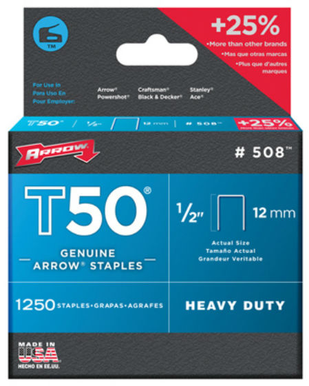 Arrow Fastener 50824 Heavy Duty T50 Staples, 1/2", 1250-Pack