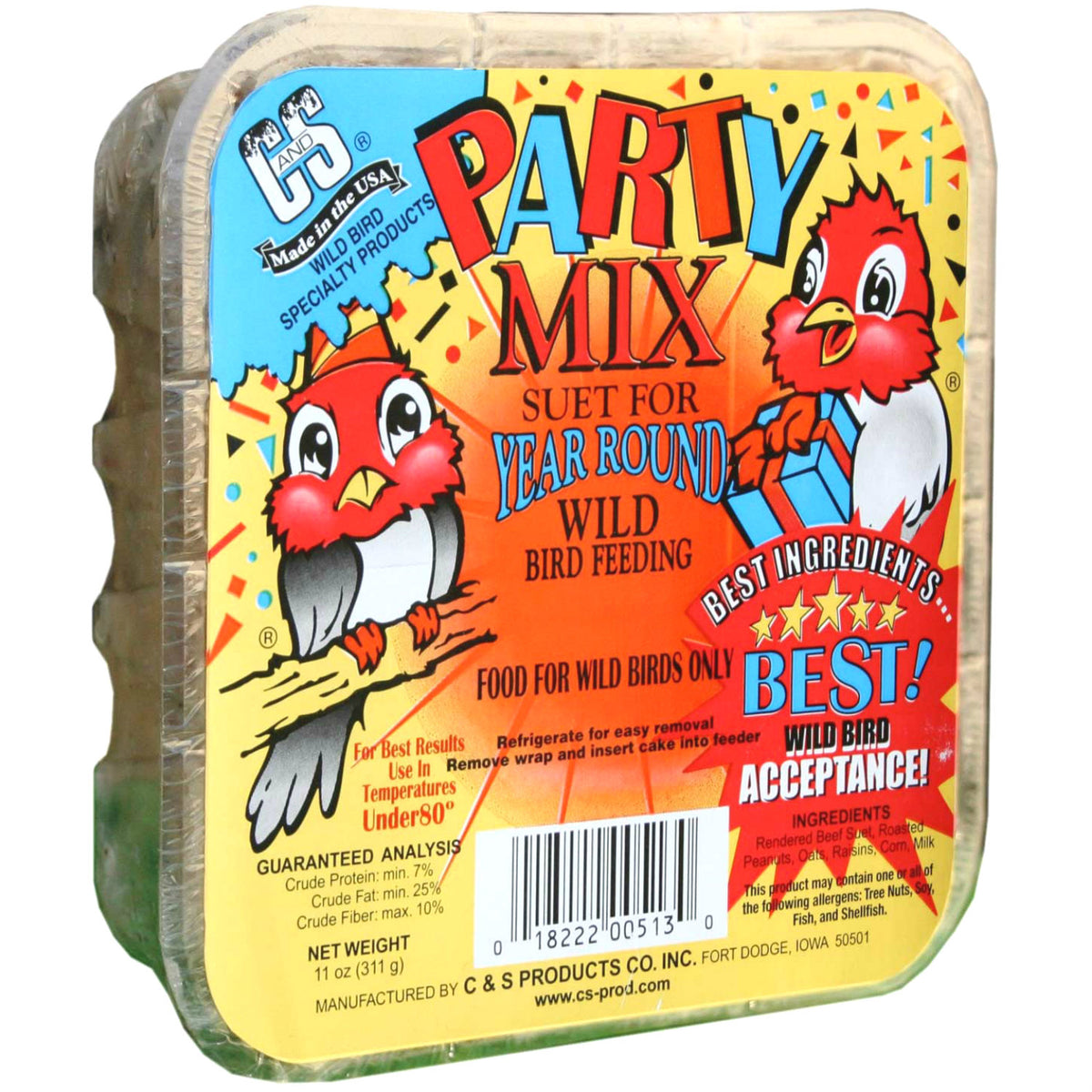 C&S® 12513 Party Mix Suet Cake for Wild Bird Feeding, 11 Oz