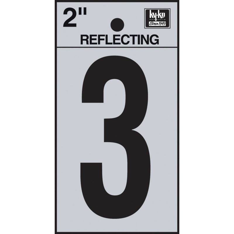 Hy-Ko RV-25/3 Reflective Adhesive Vinyl Number 3 Sign, 2", Black/Silver