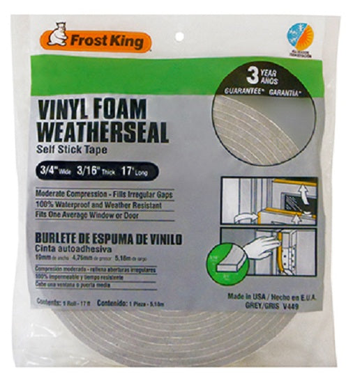 Frost King V449H Vinyl Foam Weather-Strip Tape, 3/4" x 3/16", Gray