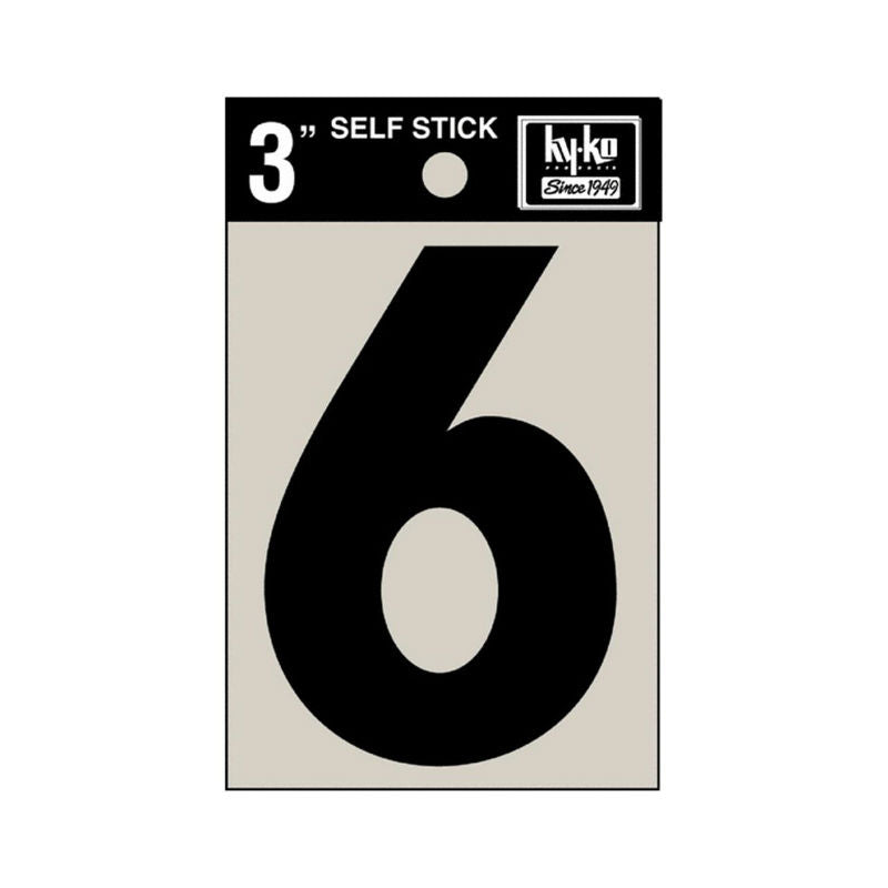Hy-Ko 30406 Self-Stick Vinyl Die-Cut Number 6 Sign, 3", Black