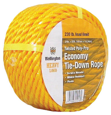 Wellington 15013 Twisted Poly-Pro Economy Tie Down Rope, 3/8" x 50', Yellow