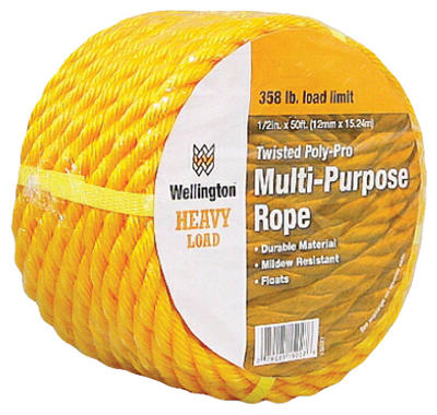 Wellington 15027 Twisted Poly-Pro Multi Purpose Rope, 1/2" x 50', Yellow