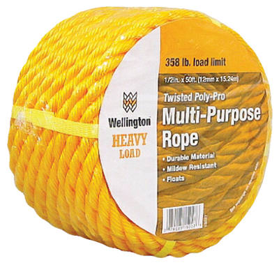 Wellington 15027 Twisted Poly-Pro Multi Purpose Rope, 1/2" x 50', Yellow