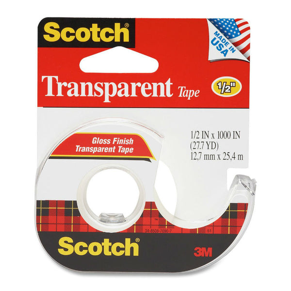 Scotch 174 Transparent Tape with Plastic Dispenser, 1/2" x 1000", Gloss Finish