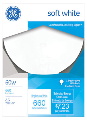 GE Lighting 49780 Medium Base G40 Globe Light Bulb, Soft White, 60-Watt