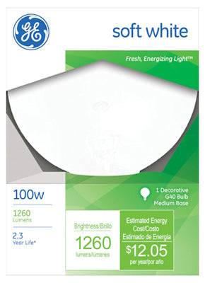 GE Lighting 49781 Medium Base G40 Globe Light Bulb, Soft White, 100-Watt