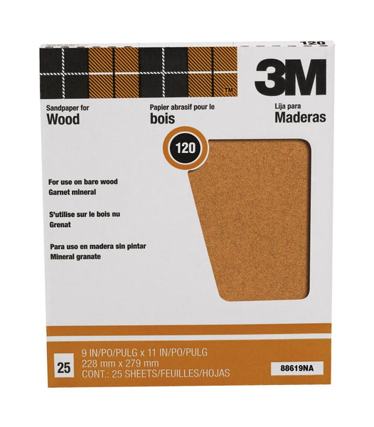 3M 88619NA Pro-Pak Garnet Sandpaper, 9" x 11", 120 Grit, 25-Count