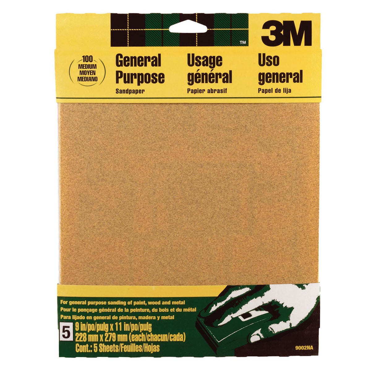 3M 9002 Aluminum Oxide Sandpaper, 9" x 11", Medium 100 Grit, 5-Pack