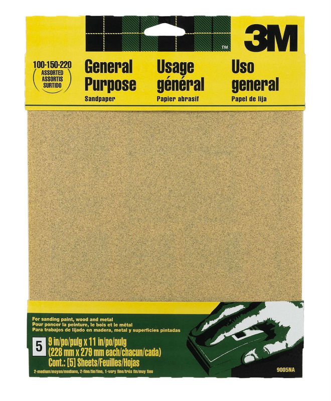3M 9005 Aluminum Oxide General Purpose Sandpaper, 9" x 11", Assorted Grit, 5-Pk