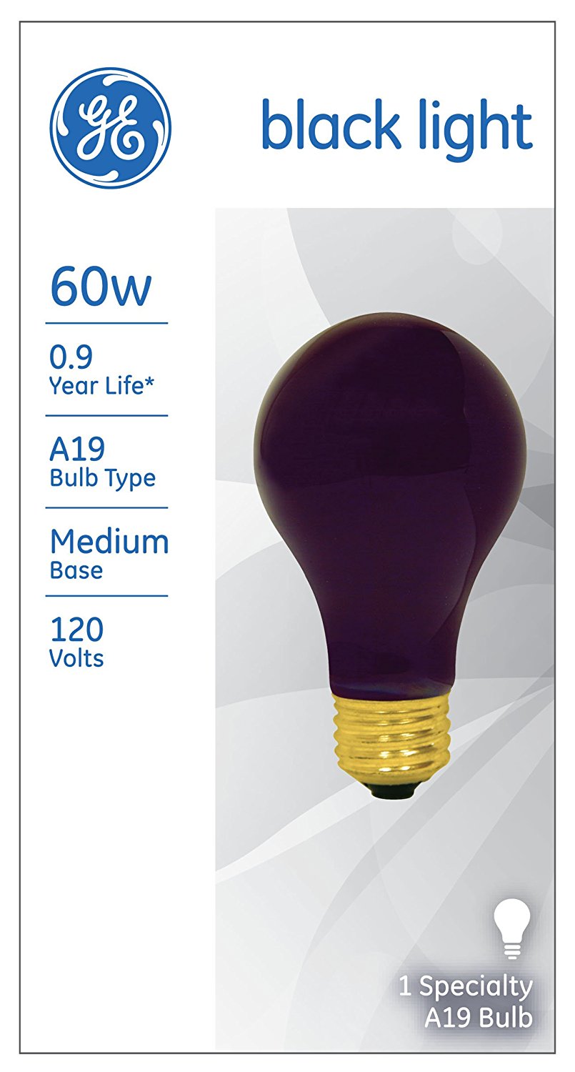 GE Lighting 25905 Medium Base Incandescent A19 Black Light Bulb, 60W