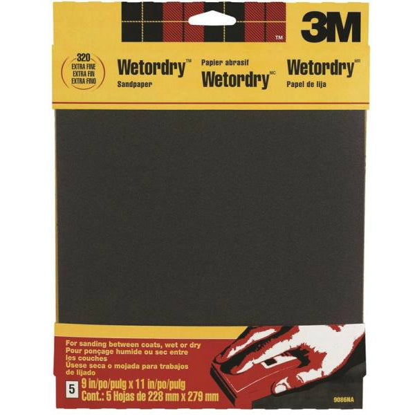 3M 9086 Wet/Dry Sandpaper, 9" x 11", Extra Fine 320 Grit, 5-Pack