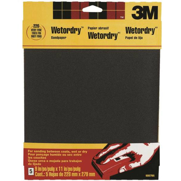 3M 9087 Wet/Dry Sandpaper, 9" x 11", Very Fine 220 Grit, 5-Pack