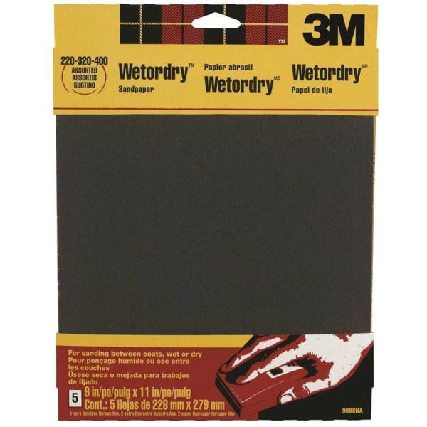 3M 9088 Wet/Dry Sandpaper, 9" x 11", Assorted Grit, 5-Pack