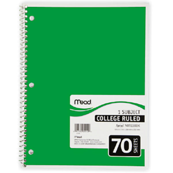 Mead® 05512 College Ruled Spiral® Notebook, White Paper, 10.5" x 8", 70-Sheets