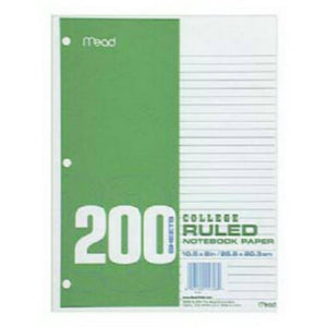 Mead® 15326 College Rule White Filler Paper, 10-1/2" x 8", 200 Count