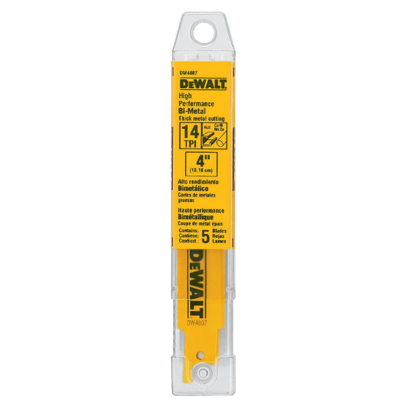 DeWalt® DW4807 Straight Back Bi-Metal Reciprocating Saw Blades, 14 TPI, 4", 5-Pk
