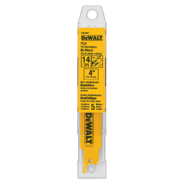DeWalt® DW4807 Straight Back Bi-Metal Reciprocating Saw Blades, 14 TPI, 4", 5-Pk