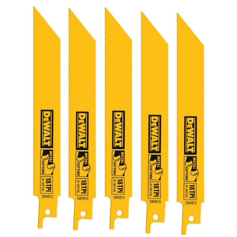 DeWalt® DW4810 Straight Back Bi-Metal Reciprocating Saw Blades, 18 TPI, 4", 5-Pk
