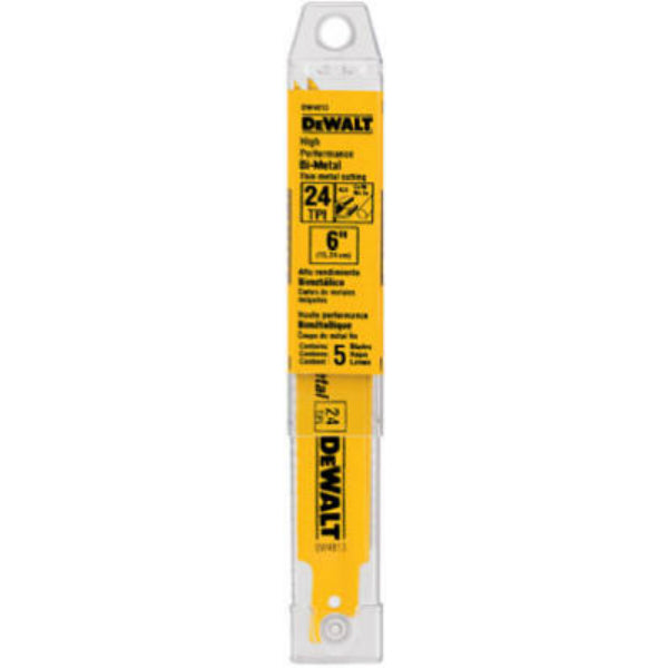 DeWalt® DW4813 Straight Back Bimetal Reciprocating Saw Blades, 24 TPI, 6", 5-Pk