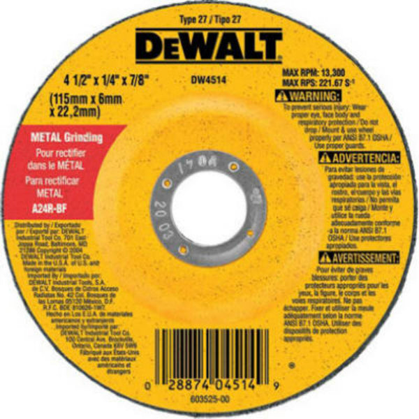 DeWalt® DW4514 High Performance Metal Depressed Center Wheel, 4-1/2" x 7/8" Arbor